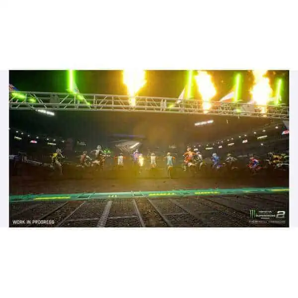 Motocross race with riders on track during Monster Energy Supercross event.