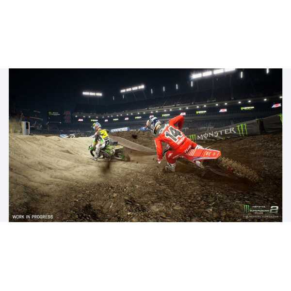 Dirt bike racers competing in Monster Energy Supercross event on a dirt track.