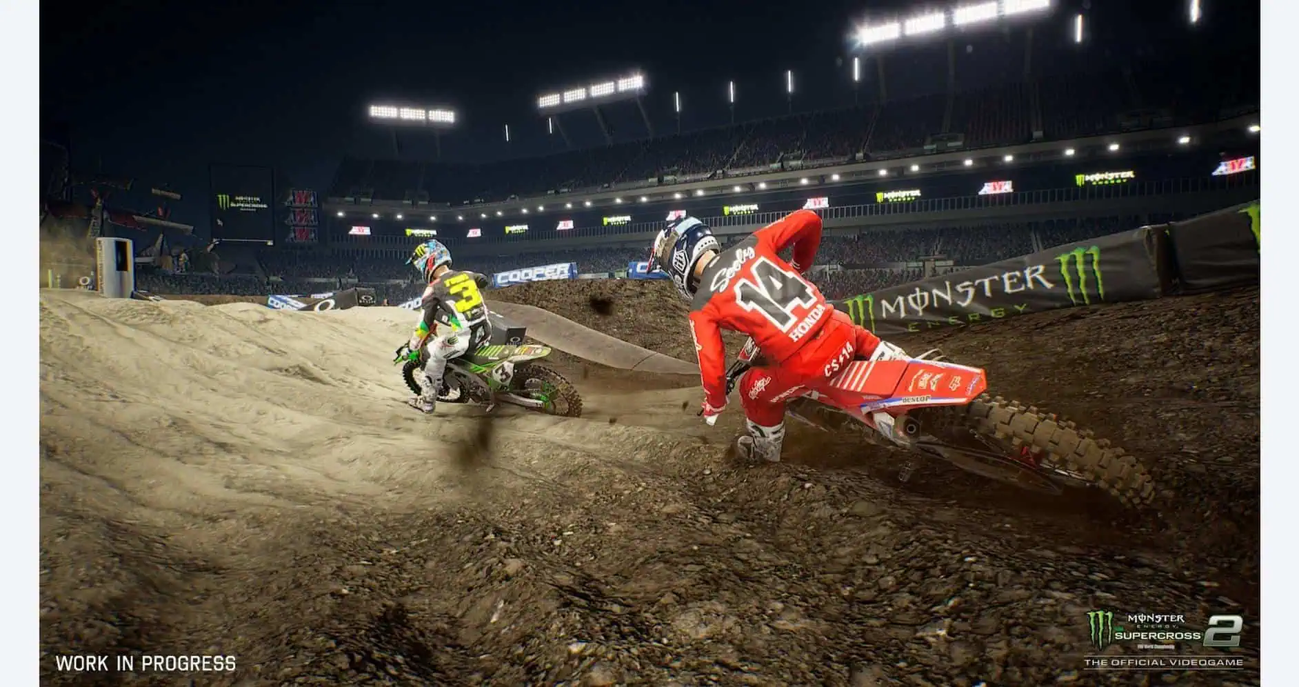 Dirt bike racers competing in Monster Energy Supercross event on a dirt track.