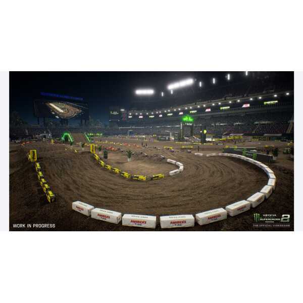 Dirt track for Monster Energy Supercross with jumps and turns in stadium setting.