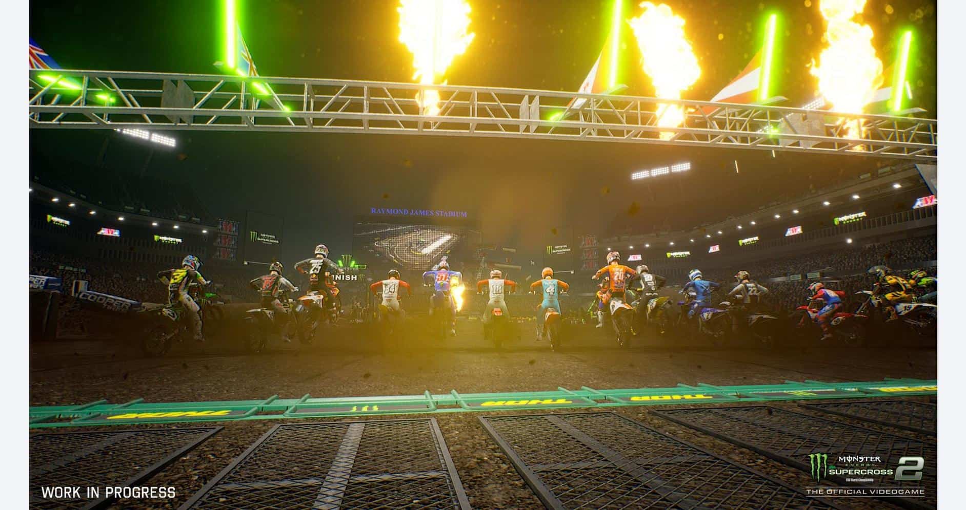Action-packed Monster Energy Supercross race with riders on dirt track.