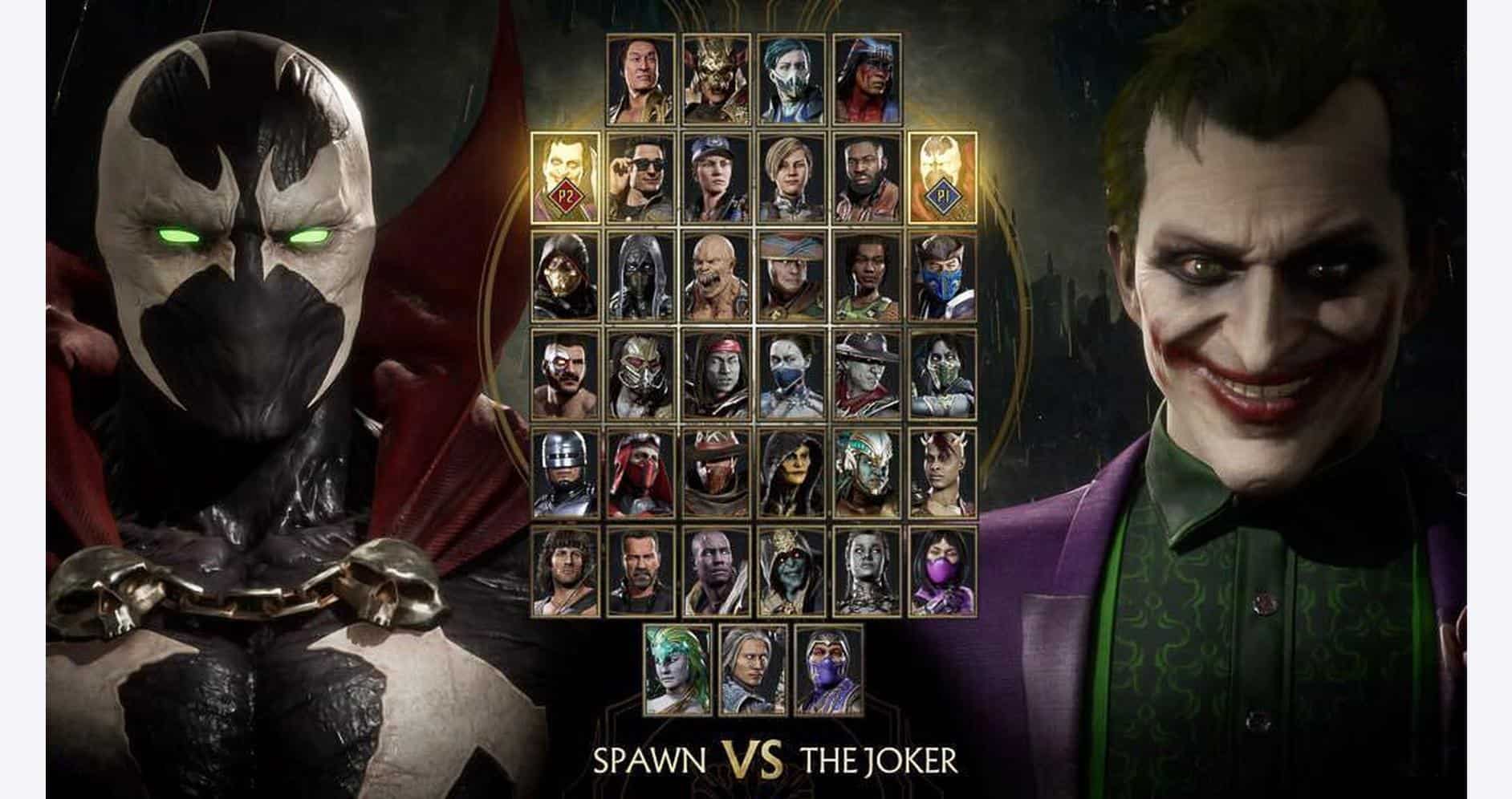 Dark fantasy game character selection screen featuring a sinister masked figure and the Joker from B.