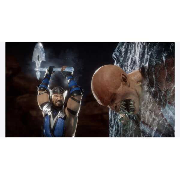 A warrior wielding a glowing sword faces a monstrous, water-immersed creature with sharp teeth.