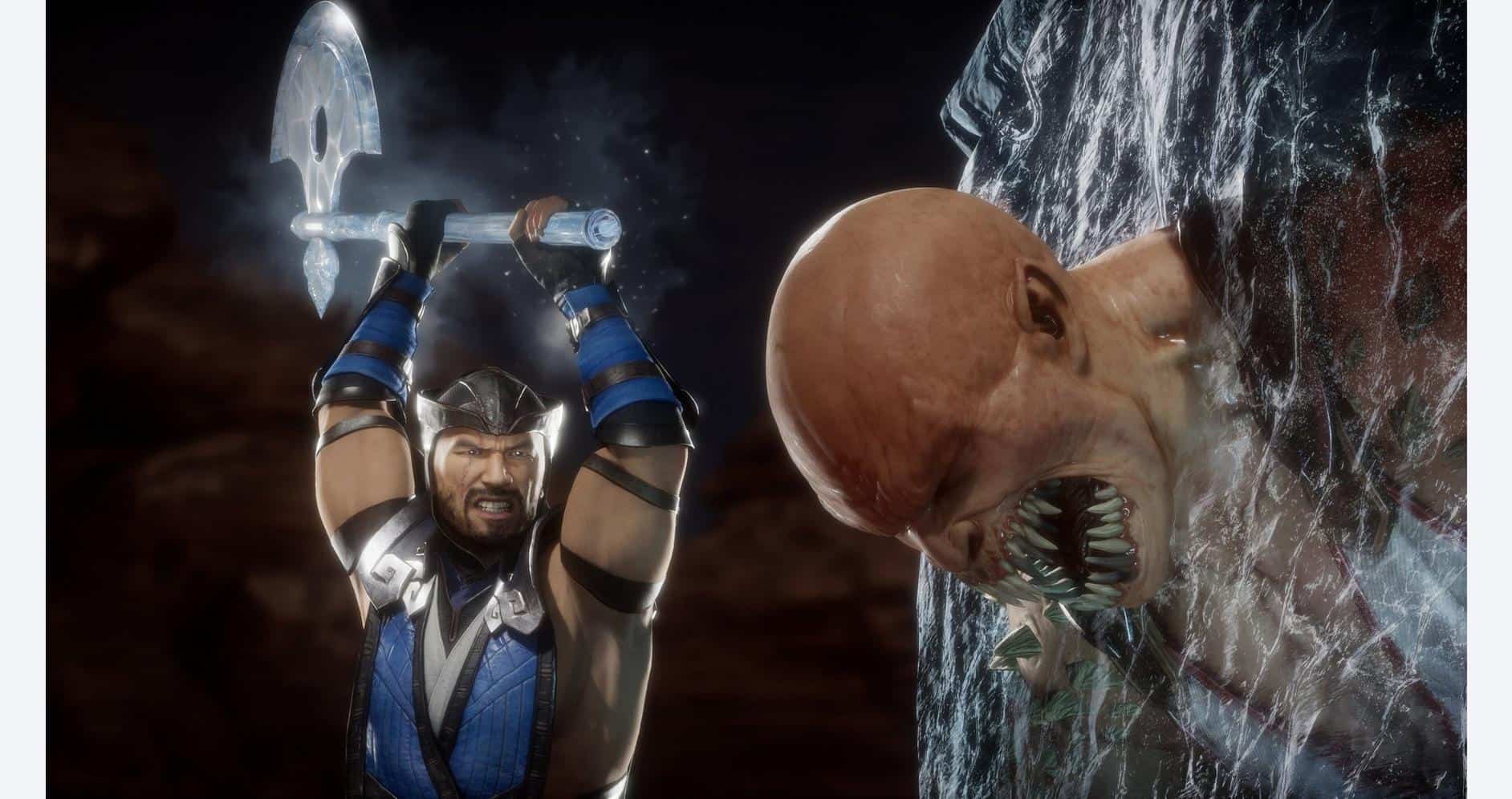 A warrior wielding a glowing sword faces a monstrous, water-immersed creature with sharp teeth.