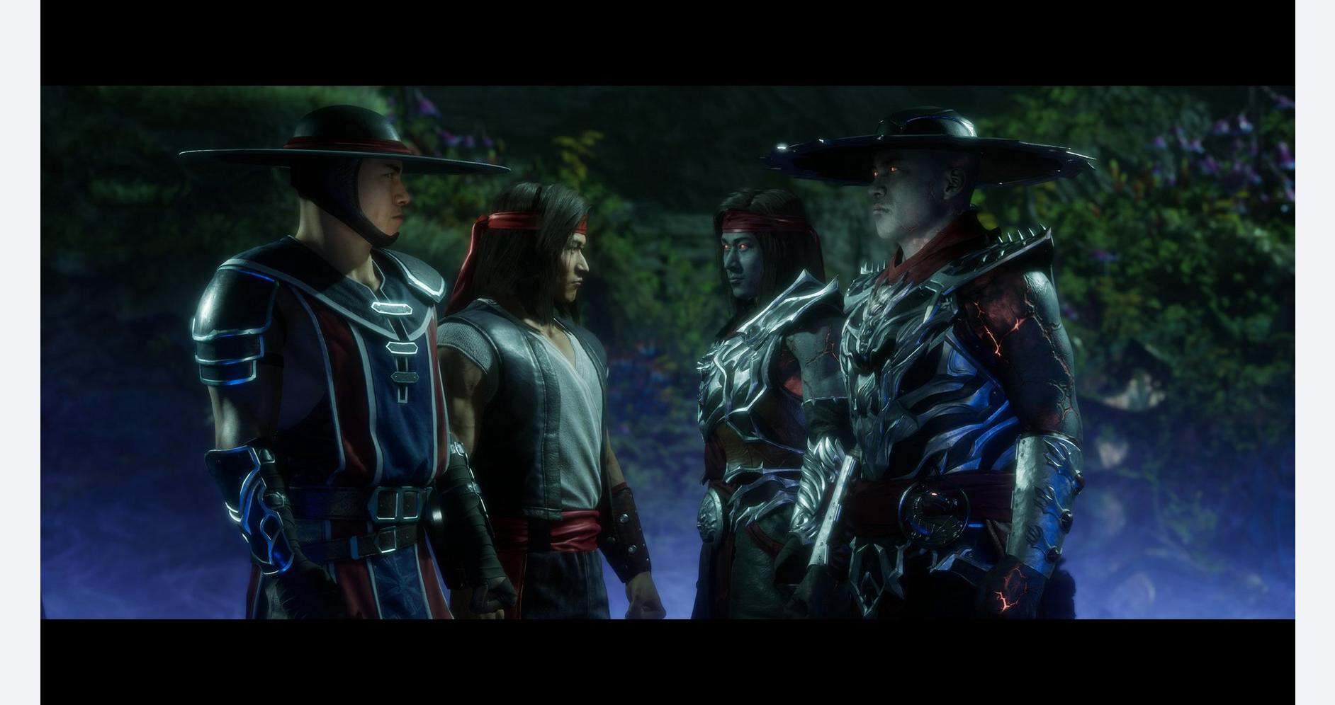 A modern fantasy scene featuring four characters in elaborate costumes and wide-brimmed hats, set in.