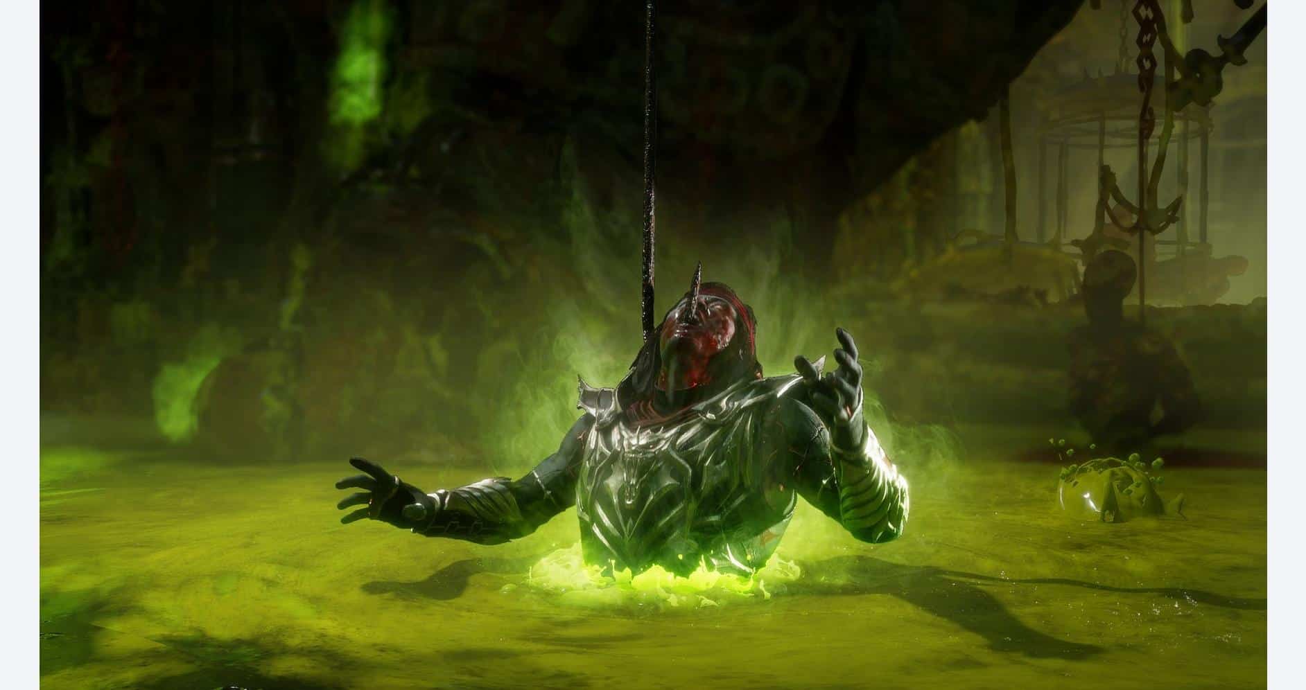 A dark, sinister creature emerging from toxic green water in a fantasy game setting.