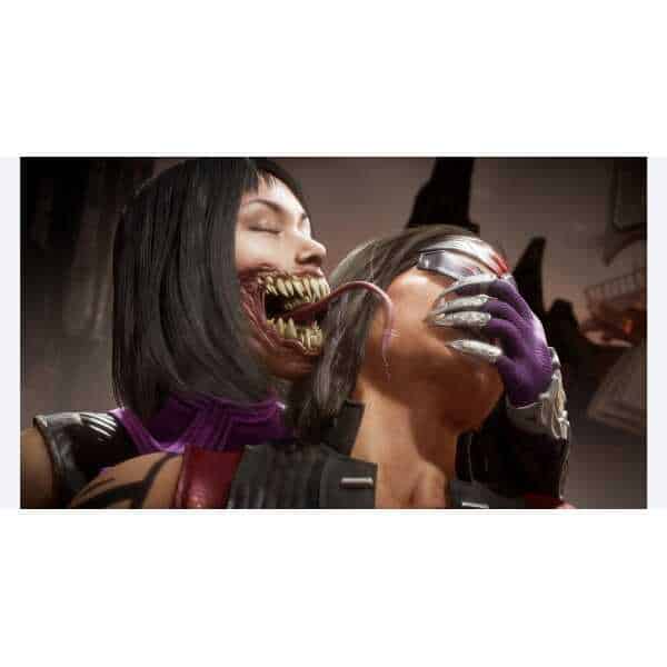 A terrifying zombie character with sharp teeth and a long tongue attacking a woman in a horror-theme.