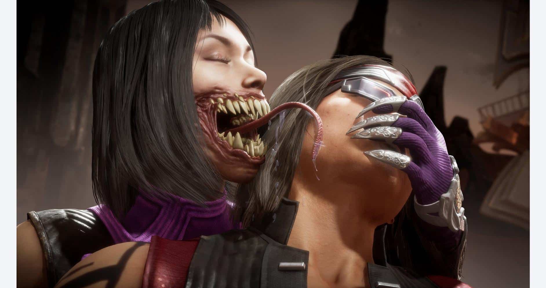 A terrifying zombie character with sharp teeth and a long tongue attacking a woman in a horror-theme.