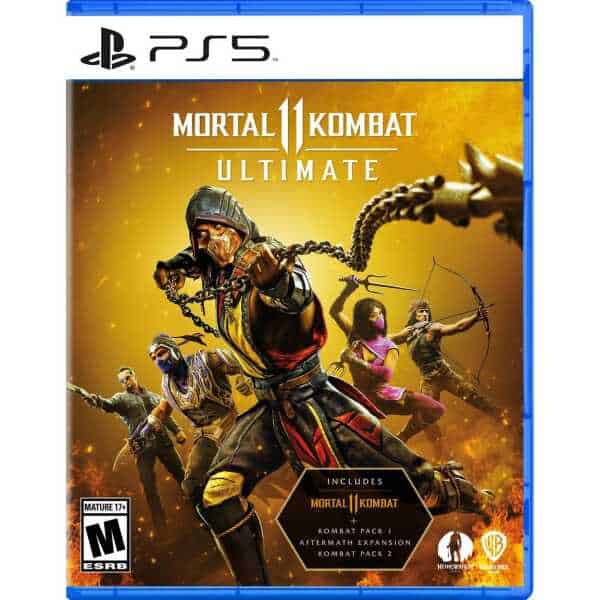 Mortal Kombat 11 Ultimate PS5 game cover with iconic characters and dynamic action scene.