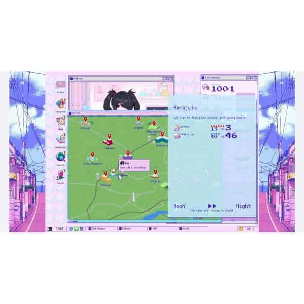 Colorful digital game interface with map and chat elements from Needy Streamer Overload.