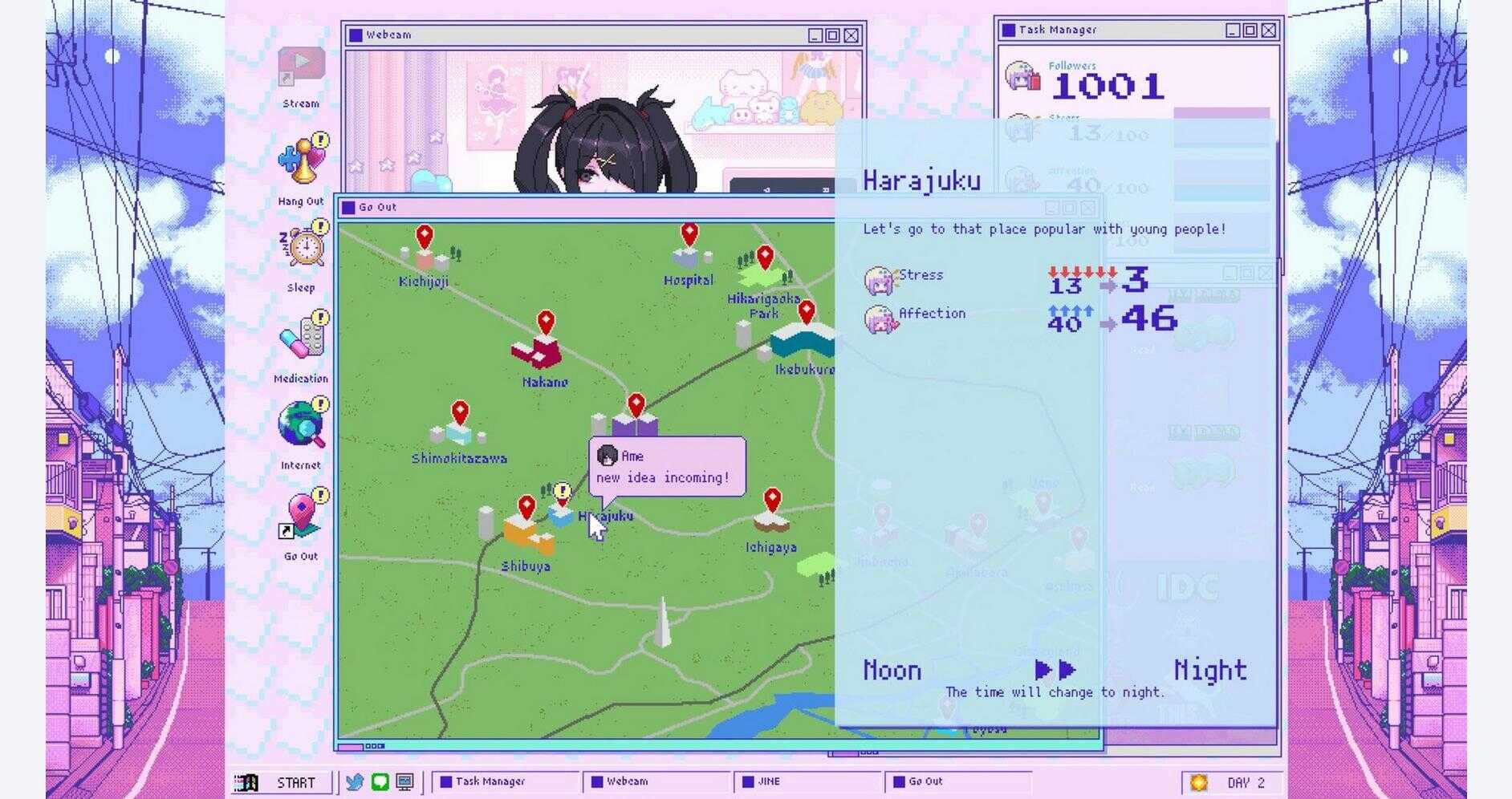 Colorful digital game interface with map and chat elements from Needy Streamer Overload.