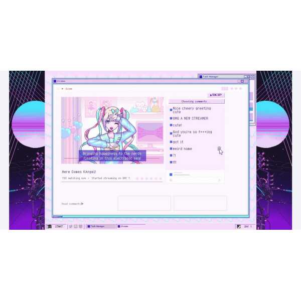 Colorful digital art of a girl with pastel hair in a virtual streaming setup.