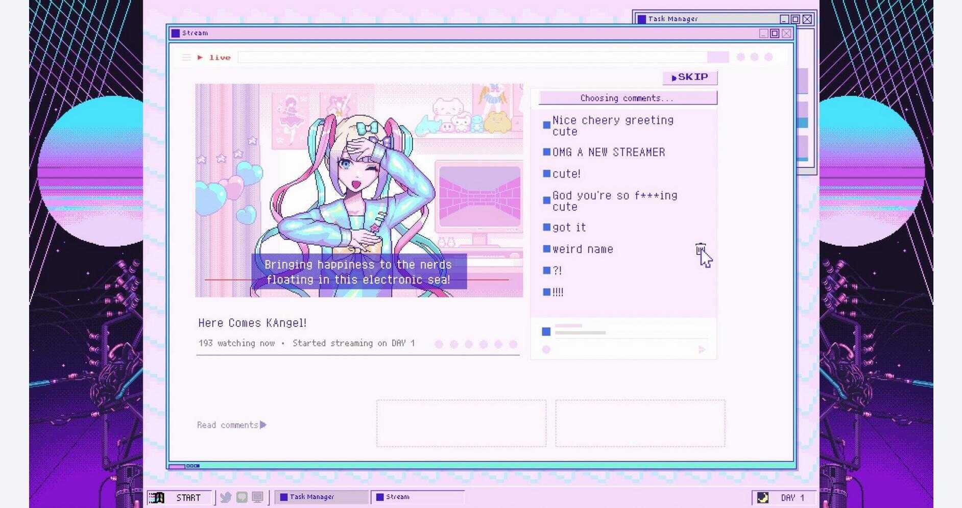 Colorful digital art of a girl with pastel hair in a virtual streaming setup.