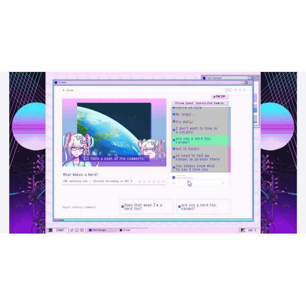 Colorful computer screen with anime characters and chat overlay.