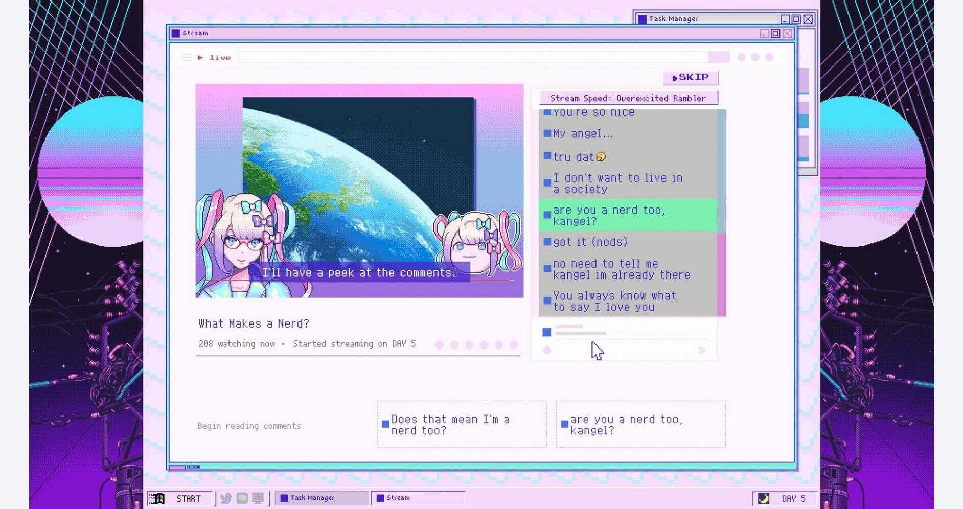 Colorful computer screen with anime characters and chat overlay.