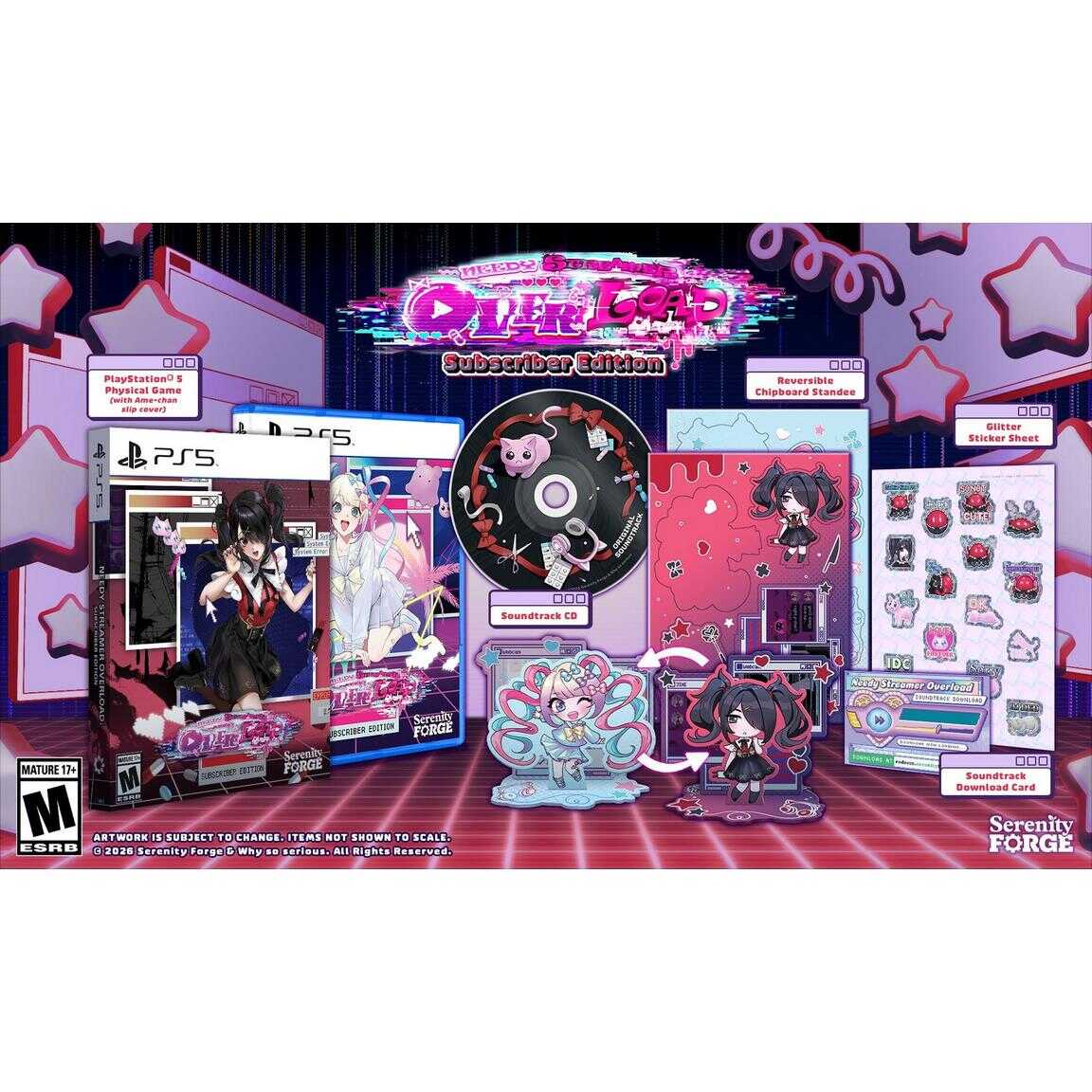 Needy Streamer Overload: Subscriber Edition gaming merchandise and collectibles display.