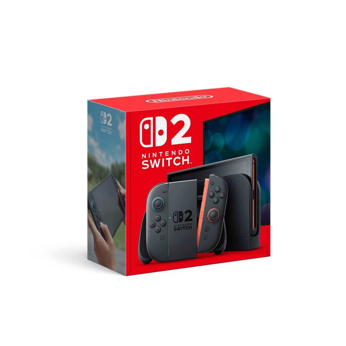 Nintendo Switch 2 gaming console with Joy-Con controllers in packaging.