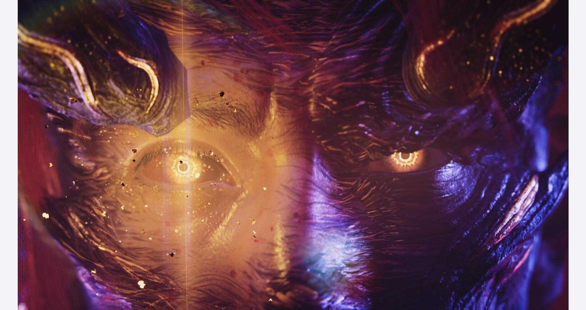 Futuristic digital face with glowing eyes and vibrant colors.