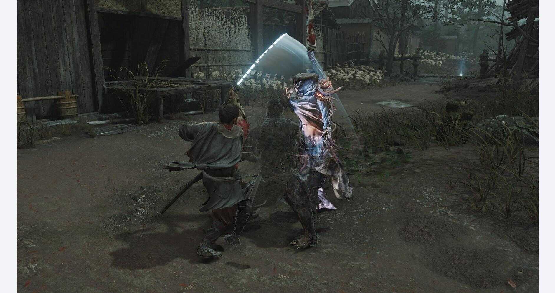 Onimusha game scene with characters fighting in a dark village setting.