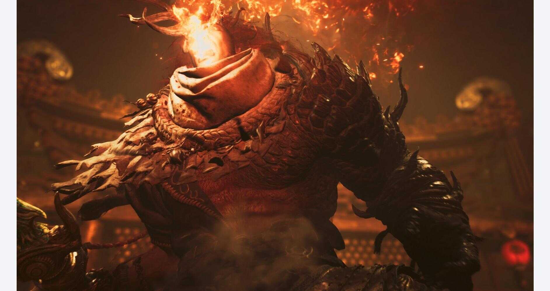 Fierce dragon creature with fiery breath in a dark, fiery arena scene.