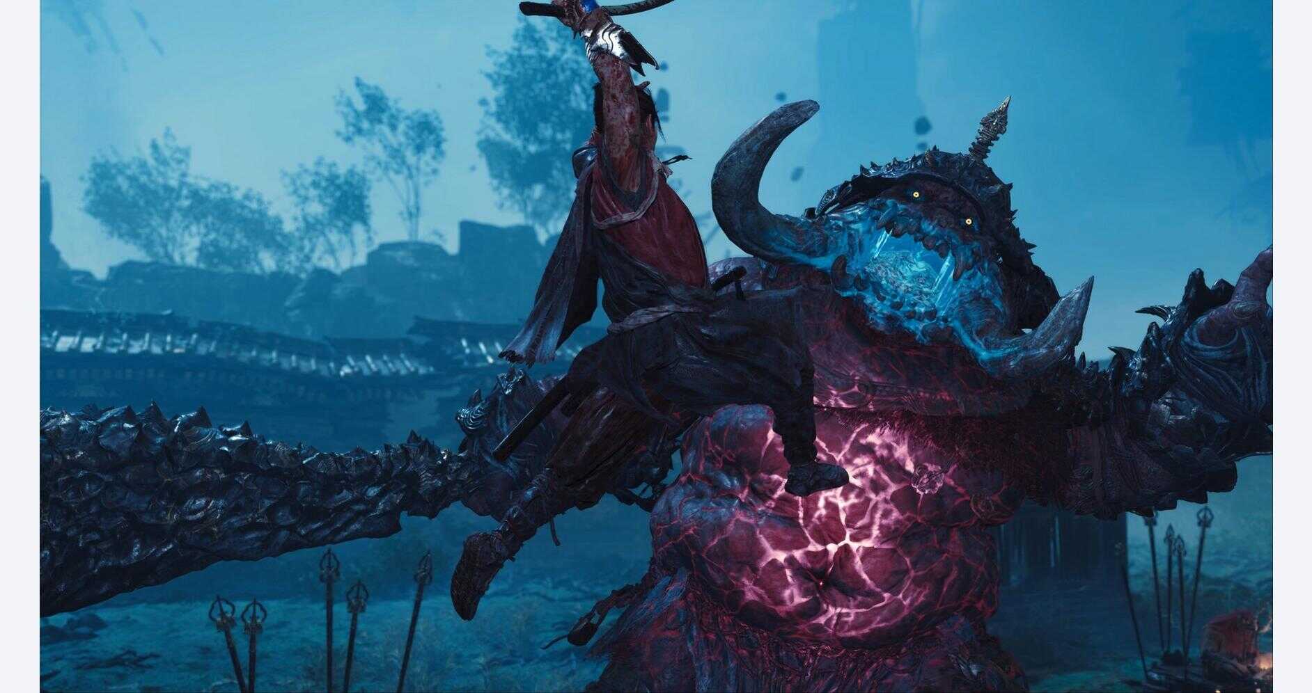 Onimusha game character battling a large monster with glowing energy.