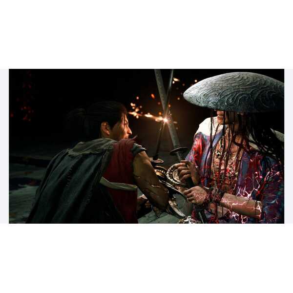 Two warriors duel with swords in a dark, intense scene from Onimusha: Way of the Sword.