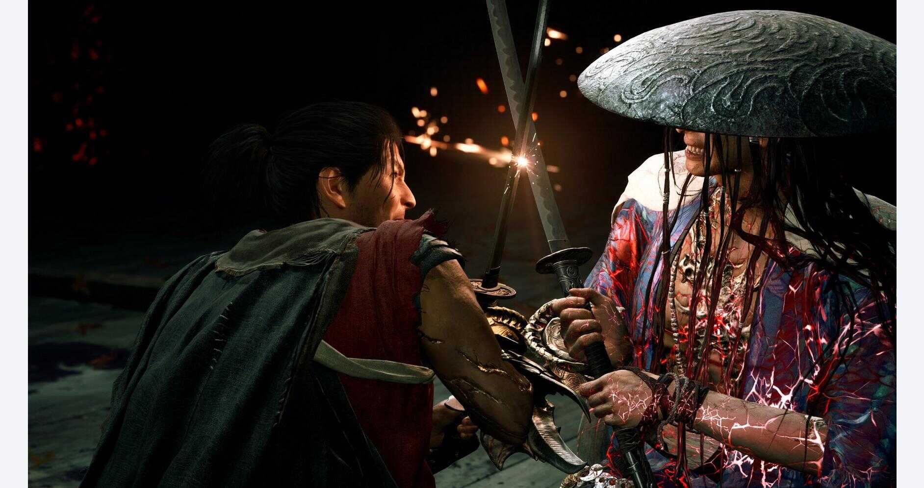 Two warriors duel with swords in a dark, intense scene from Onimusha: Way of the Sword.