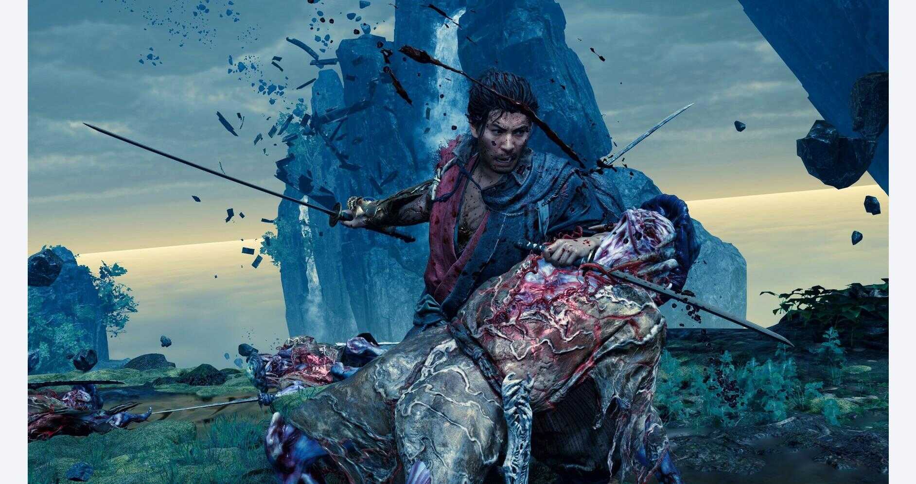 Fierce warrior fighting a monstrous creature in a fantasy landscape.
