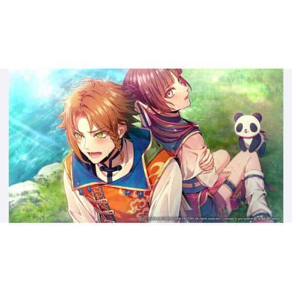 Otome Daoshi characters in a lush outdoor setting with a panda toy.