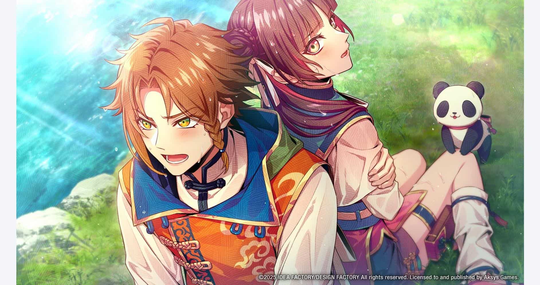 Otome Daoshi characters in a lush outdoor setting with a panda toy.