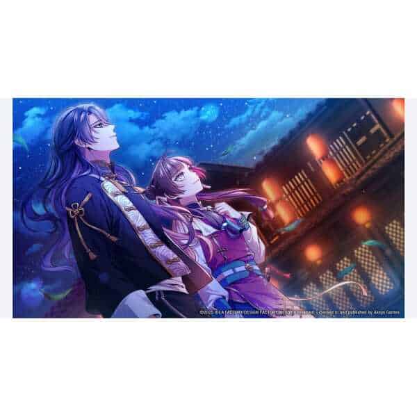 Anime-style characters under a starry night sky with traditional Japanese architecture.