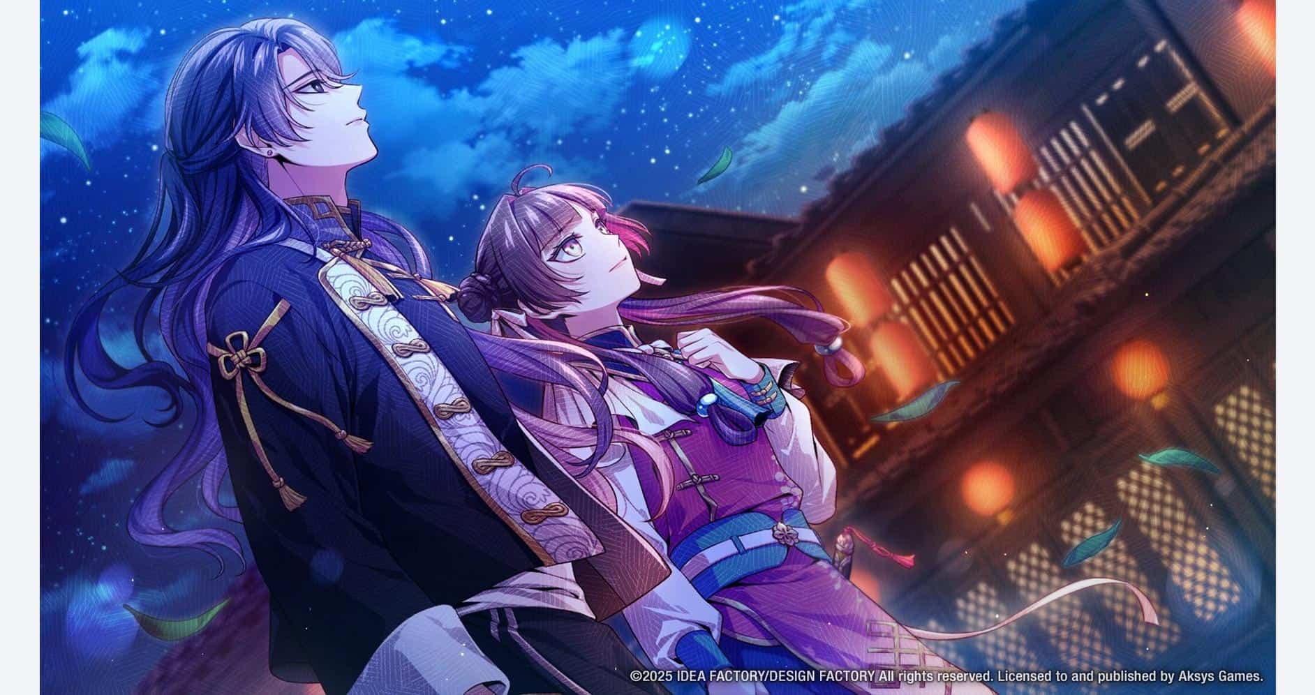 Anime-style characters under a starry night sky with traditional Japanese architecture.