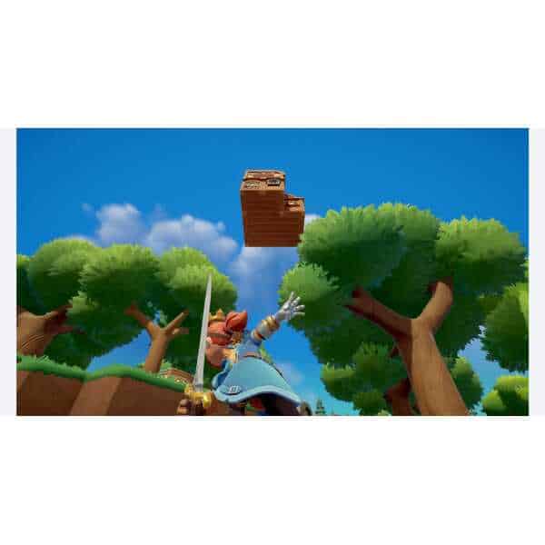 Animated character in a blue outfit throws a box from a tree in a game scene.