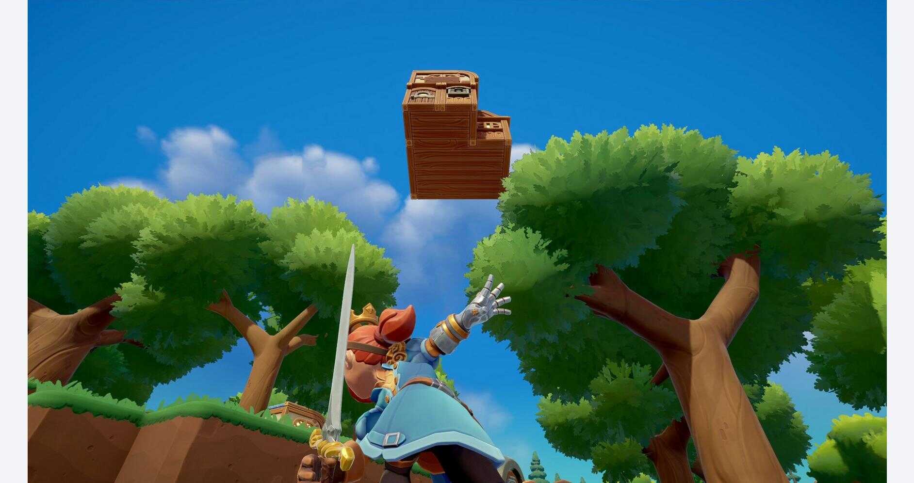 Animated character in a blue outfit throws a box from a tree in a game scene.