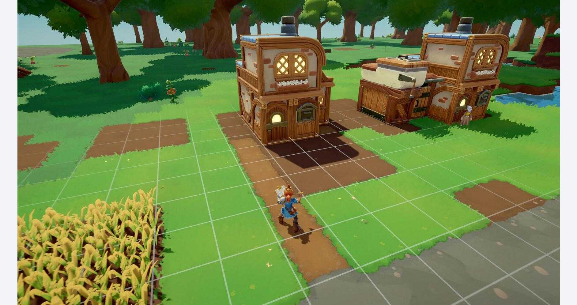 Colorful game scene with buildings, trees, and a character on a grid-based landscape.