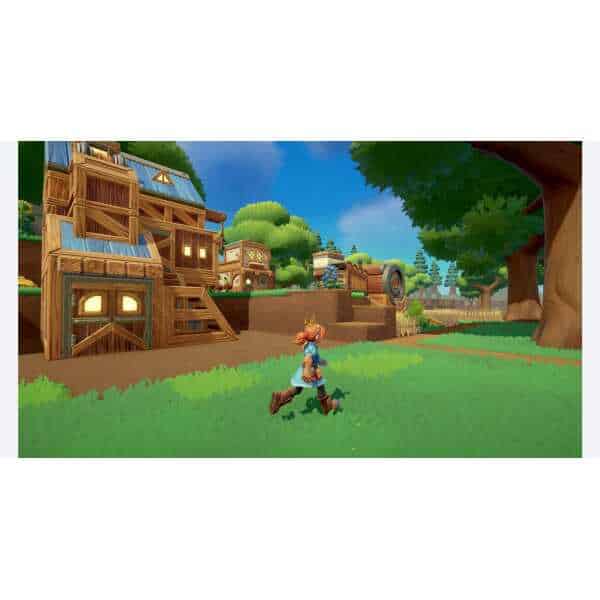 Animated character running in a colorful game environment with wooden structures and trees.