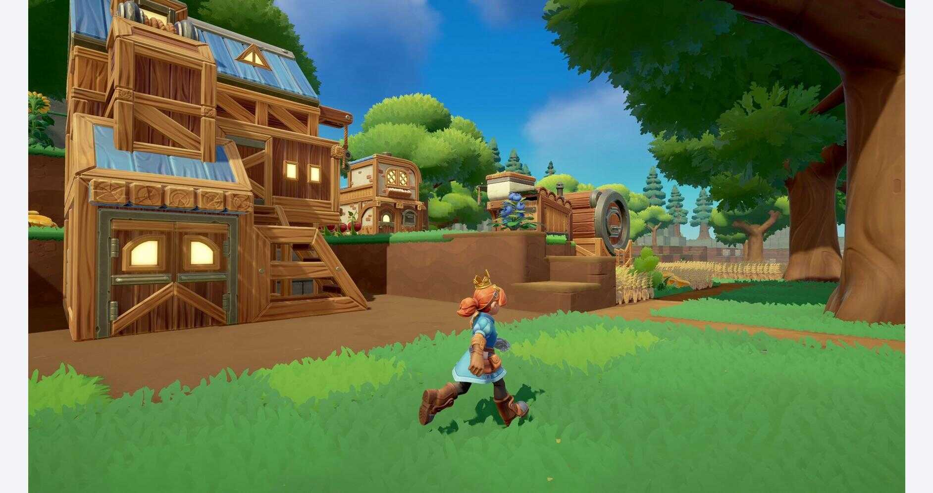 Animated character running in a colorful game environment with wooden structures and trees.
