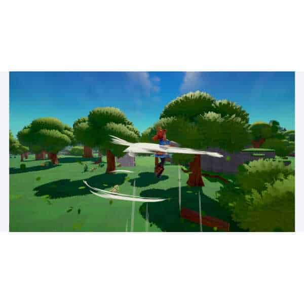 Mario flying through a vibrant, cartoon-style forest in a video game scene.