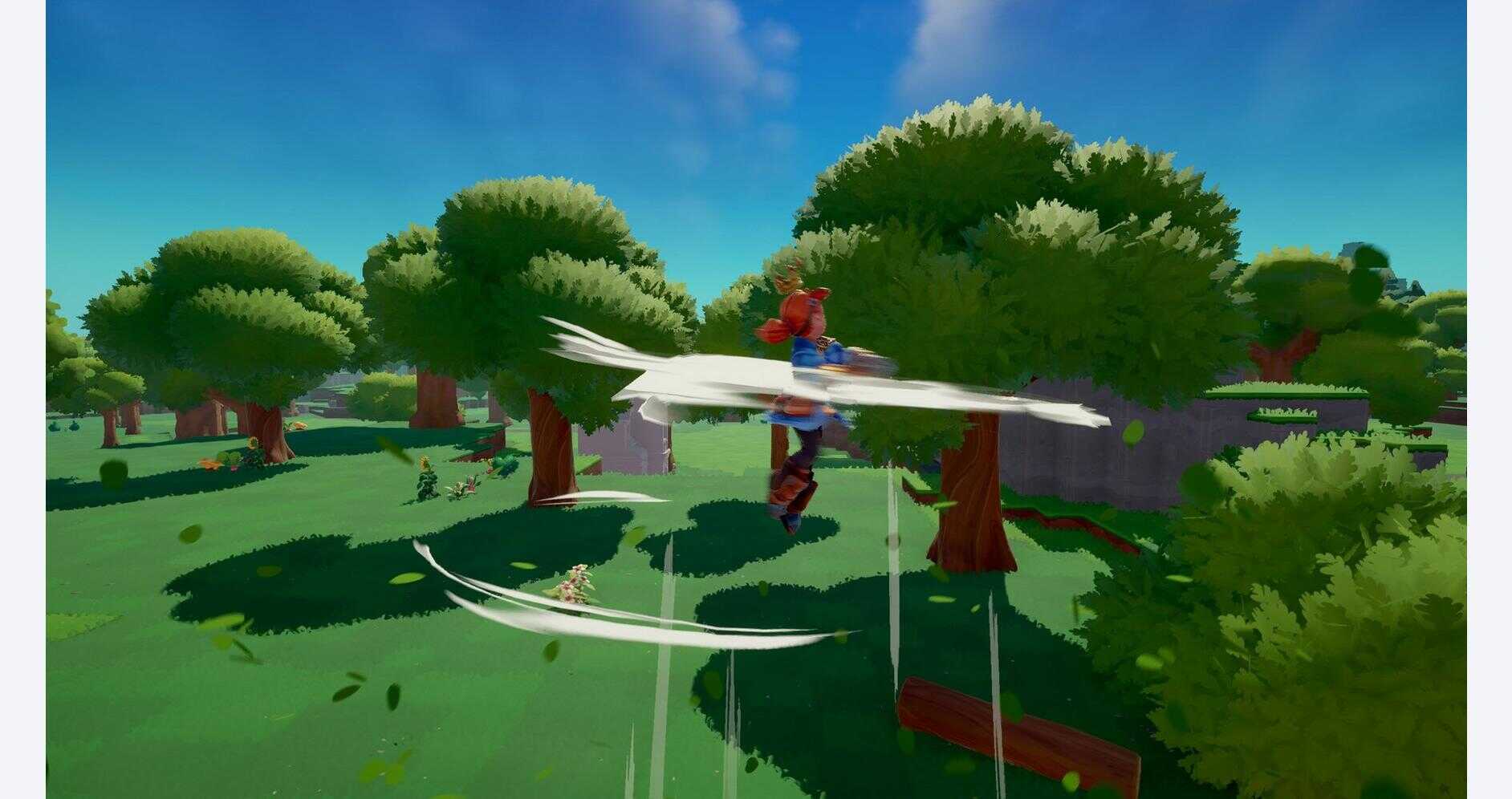 Mario flying through a vibrant, cartoon-style forest in a video game scene.