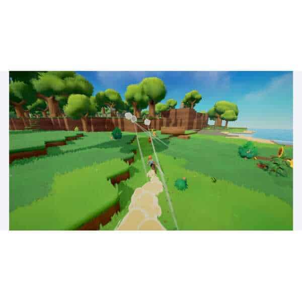 Cartoon-style game scene with characters swinging on ropes over grassy terrain.