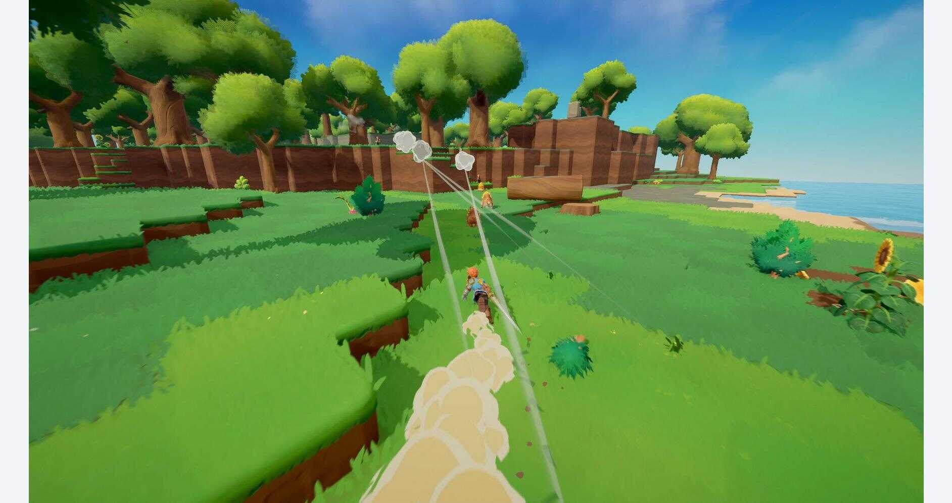 Cartoon-style game scene with characters swinging on ropes over grassy terrain.