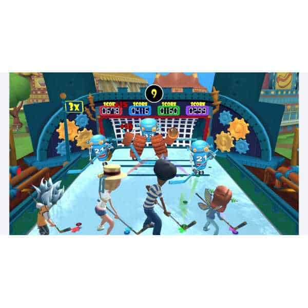 A game scene featuring animated characters playing hockey on an ice rink with colorful background el.