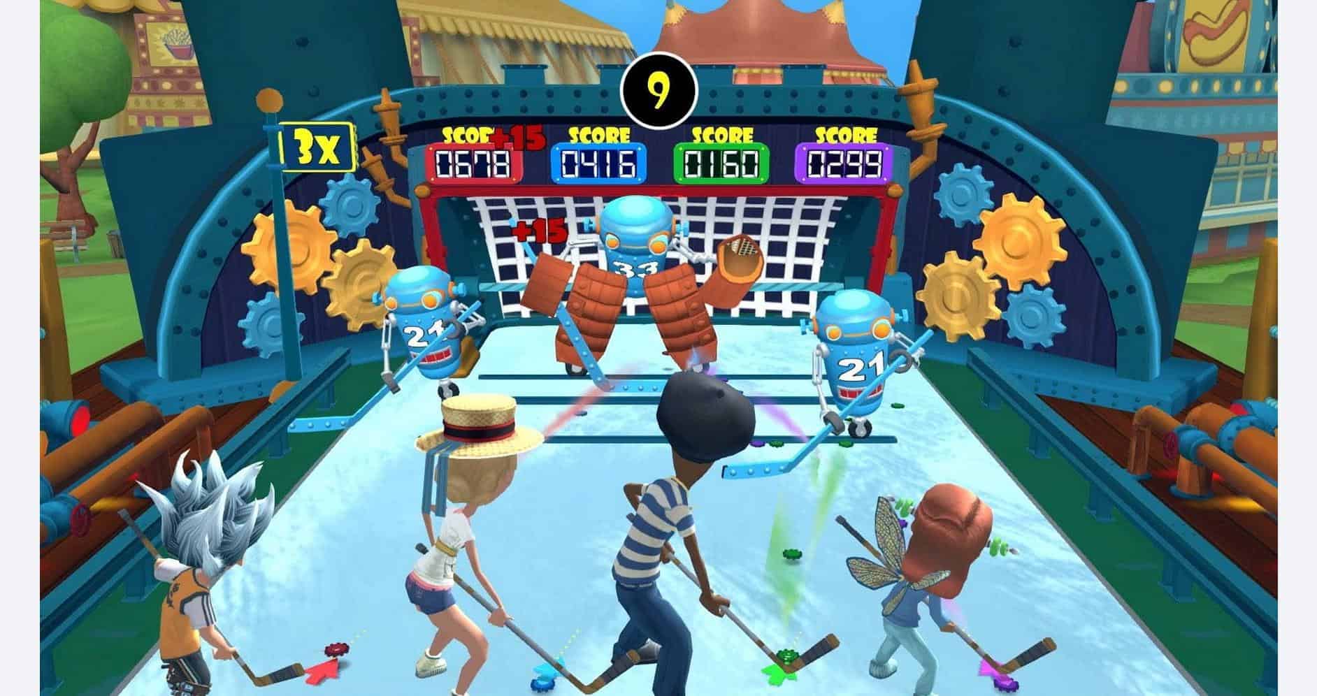 A game scene featuring animated characters playing hockey on an ice rink with colorful background el.