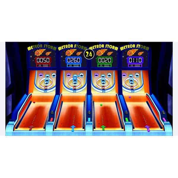 Bright arcade-style Meteor Storm pinball game with colorful targets and digital score displays.