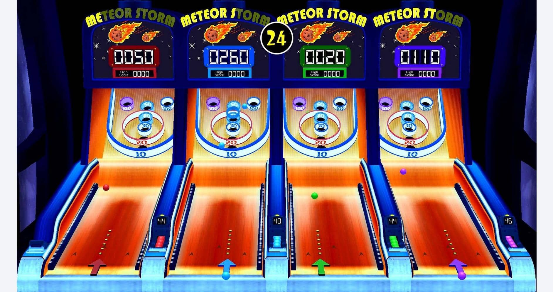 Bright arcade-style Meteor Storm pinball game with colorful targets and digital score displays.