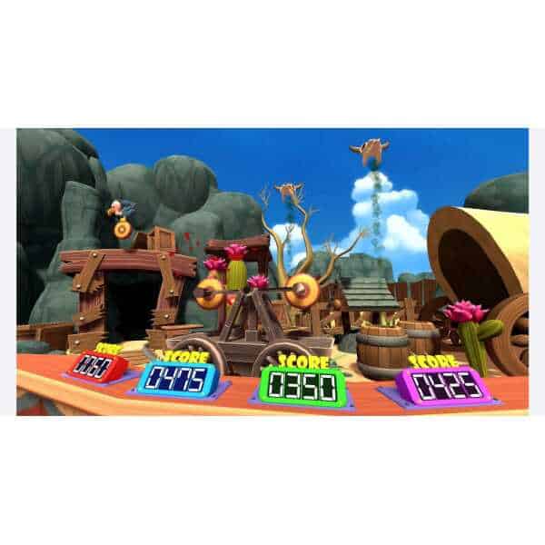 High score game scene with colorful targets, barrels, and a wooden backdrop in a vibrant outdoor set.