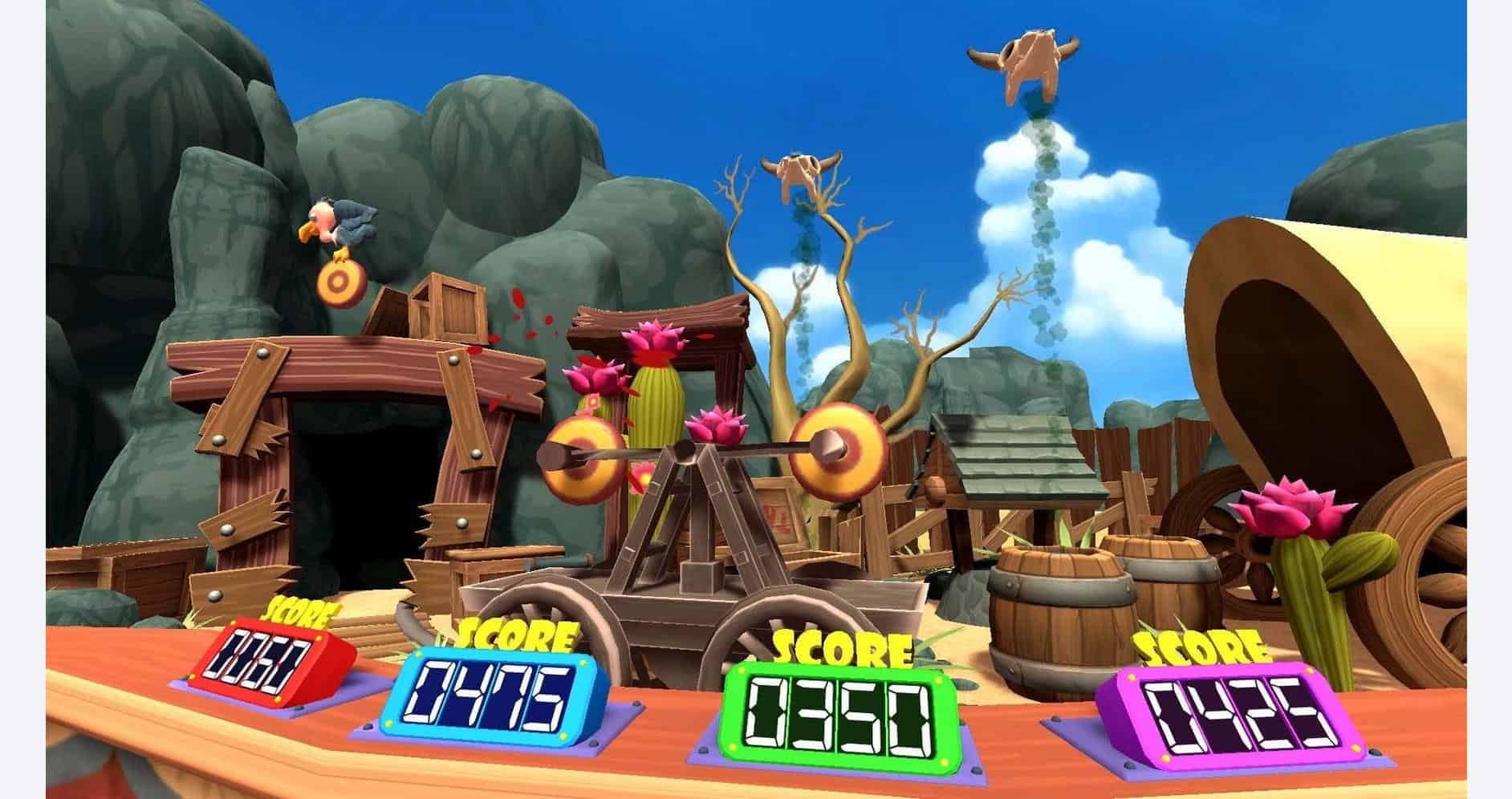 High score game scene with colorful targets, barrels, and a wooden backdrop in a vibrant outdoor set.
