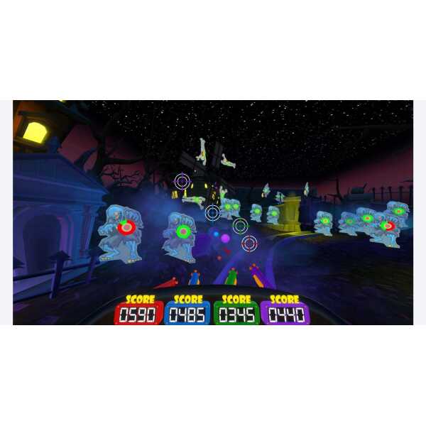 Brightly colored alien creatures in a futuristic space-themed arcade game environment.