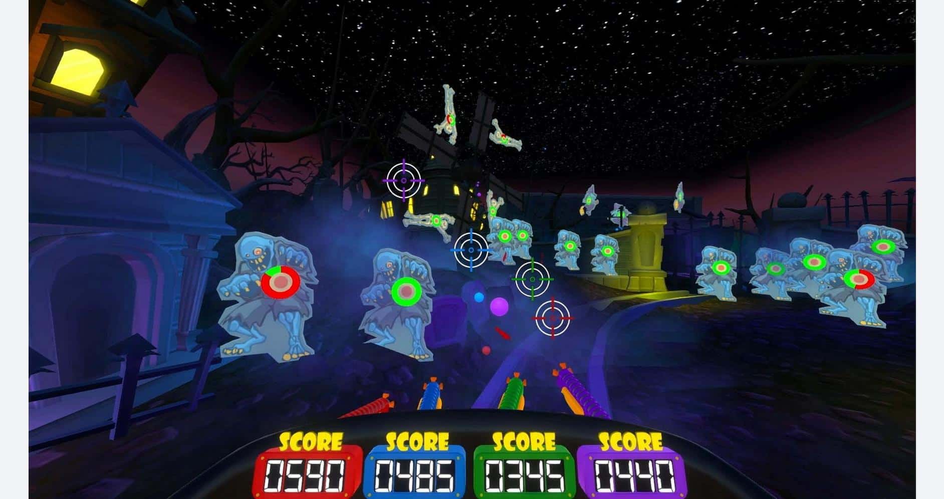 Brightly colored alien creatures in a futuristic space-themed arcade game environment.