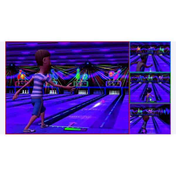 Glow-in-the-dark bowling alley with neon lights and animated character playing.